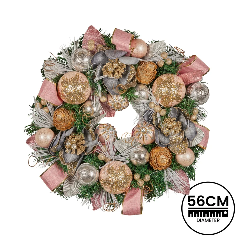 Christabelle 56cm Christmas Wreath Lush Pink Front Door Decoration Jewelled Baubles Flowers Pine Cones Ribbons