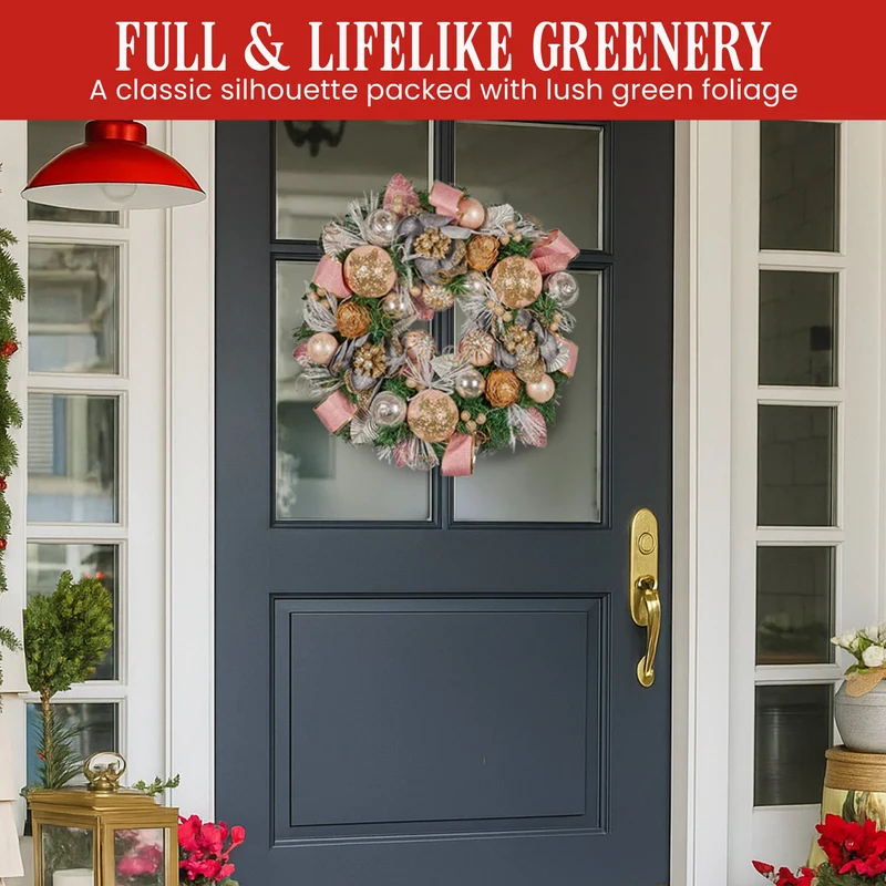 Christabelle 56cm Christmas Wreath Lush Pink Front Door Decoration Jewelled Baubles Flowers Pine Cones Ribbons