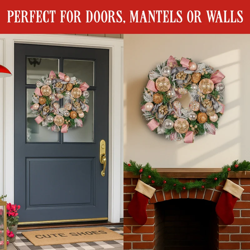 Christabelle 56cm Christmas Wreath Lush Pink Front Door Decoration Jewelled Baubles Flowers Pine Cones Ribbons