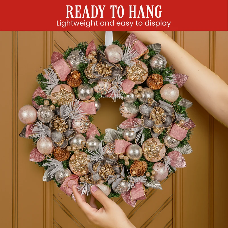 Christabelle 56cm Christmas Wreath Lush Pink Front Door Decoration Jewelled Baubles Flowers Pine Cones Ribbons