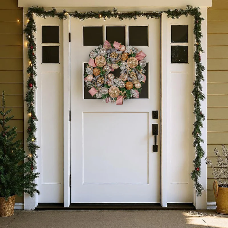 Christabelle 56cm Christmas Wreath Lush Pink Front Door Decoration Jewelled Baubles Flowers Pine Cones Ribbons