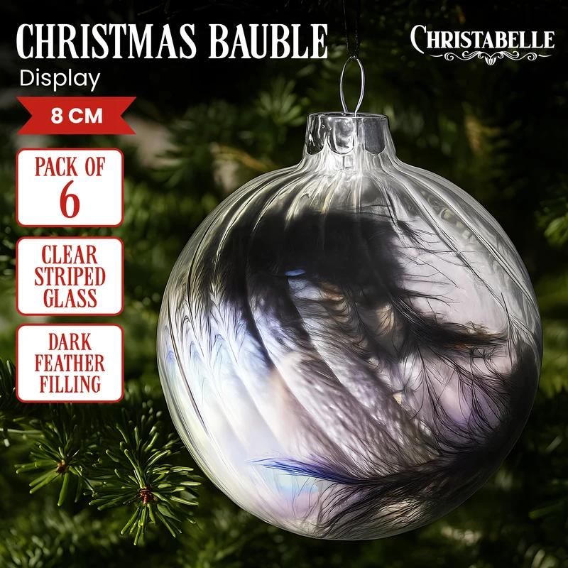 Christabelle Clear Striped Glass Baubles 6Pcs Filled with Feathers Balls Christmas Tree Decoration Ornament