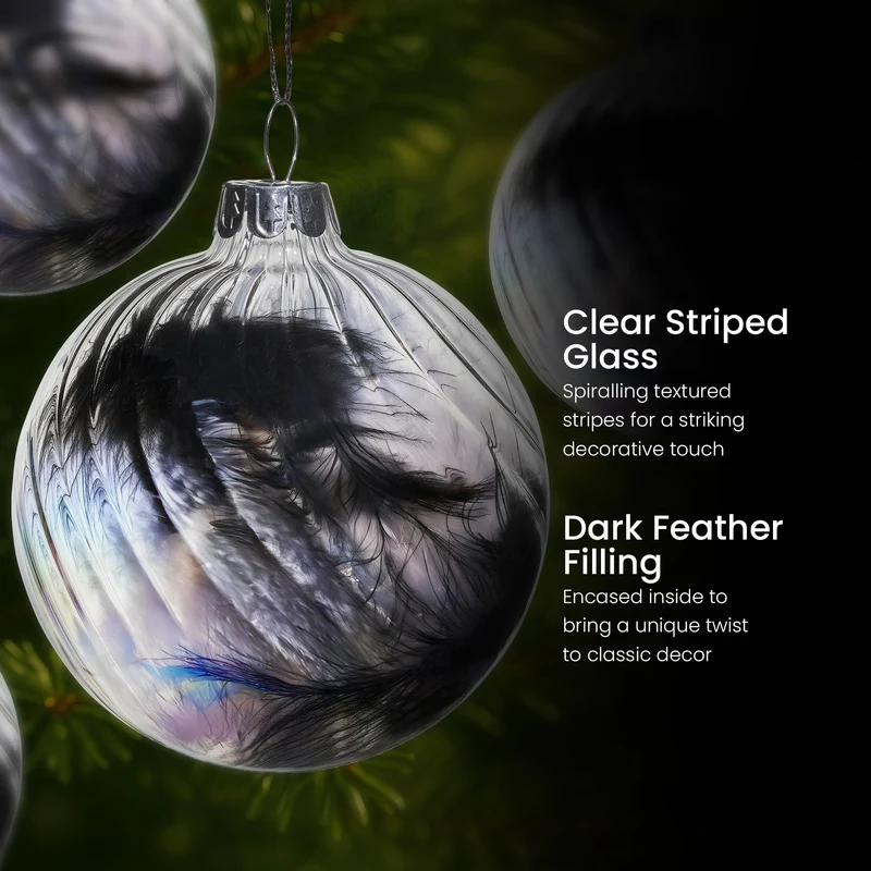 Christabelle Clear Striped Glass Baubles 6Pcs Filled with Feathers Balls Christmas Tree Decoration Ornament