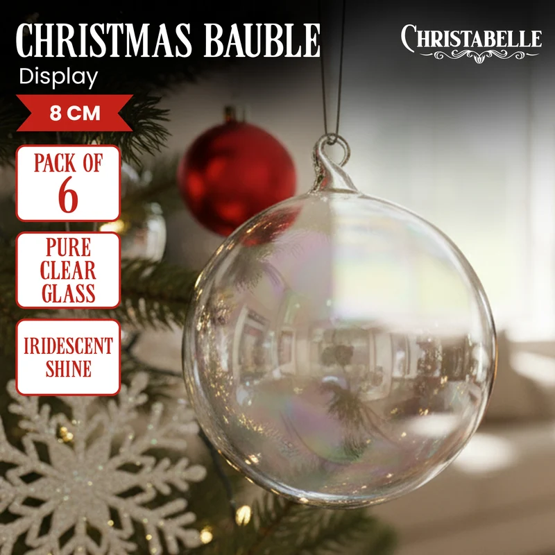 Christabelle Box of 6 Pure Clear Glass Baubles with Iridescent Shine