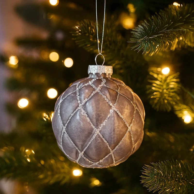 Christabelle Platinum Glass Baubles 6Pcs with Glittered Lattice Pattern Balls Christmas Tree Decoration Ornament