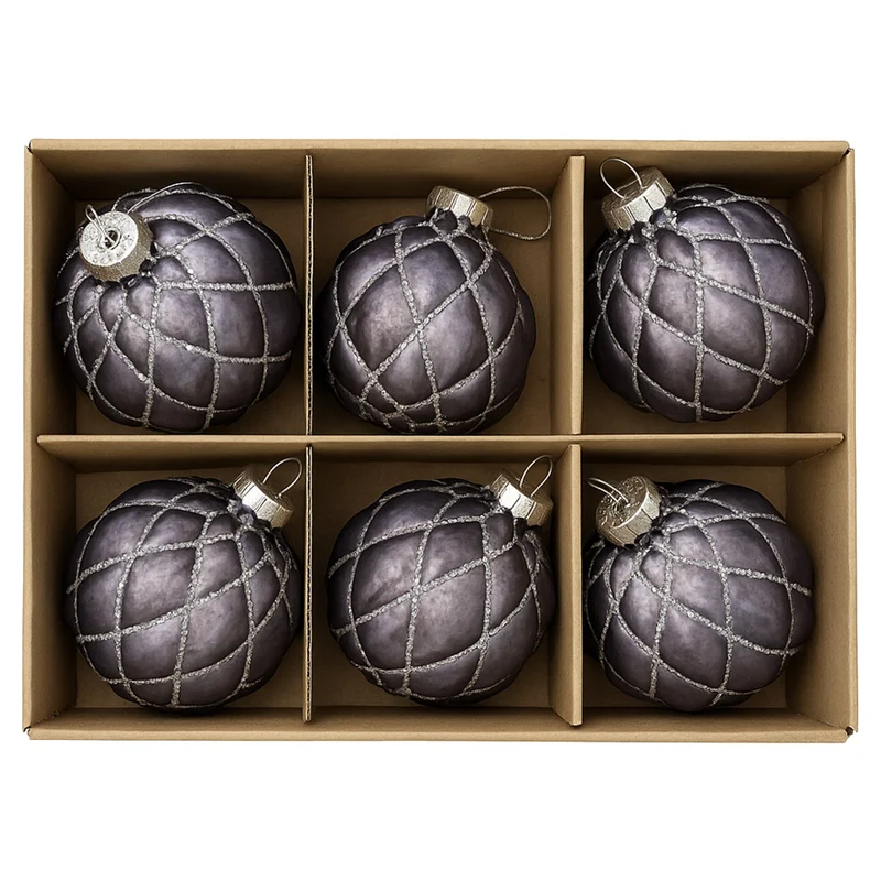Christabelle Platinum Glass Baubles 6Pcs with Glittered Lattice Pattern Balls Christmas Tree Decoration Ornament