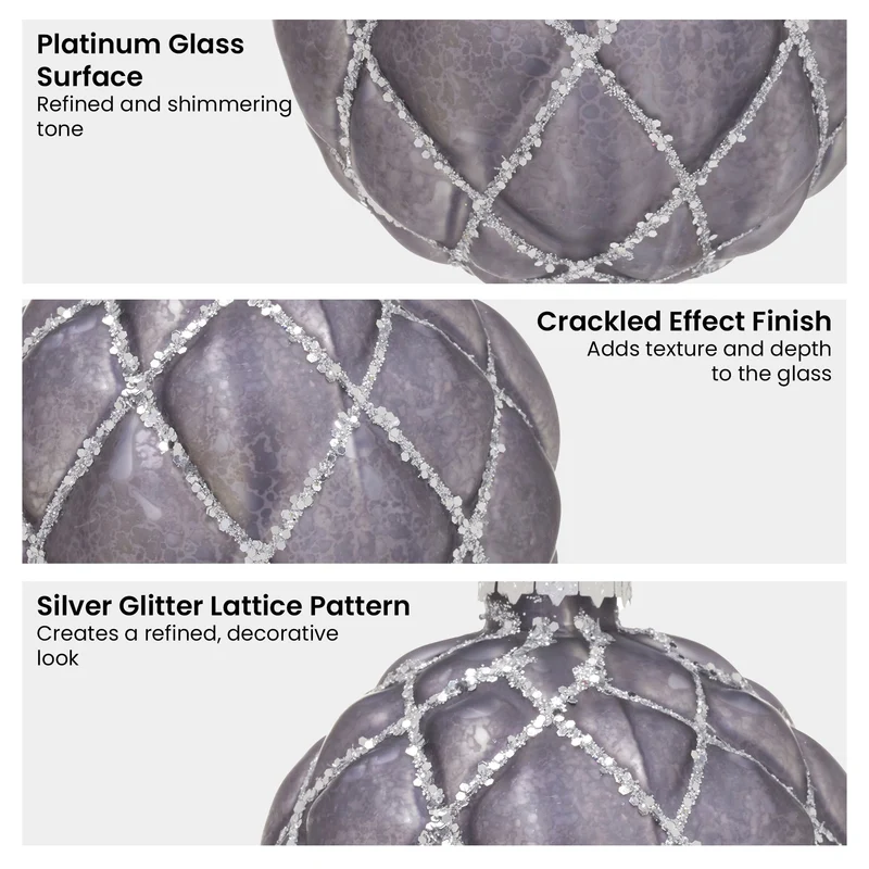 Christabelle Platinum Glass Baubles 6Pcs with Glittered Lattice Pattern Balls Christmas Tree Decoration Ornament