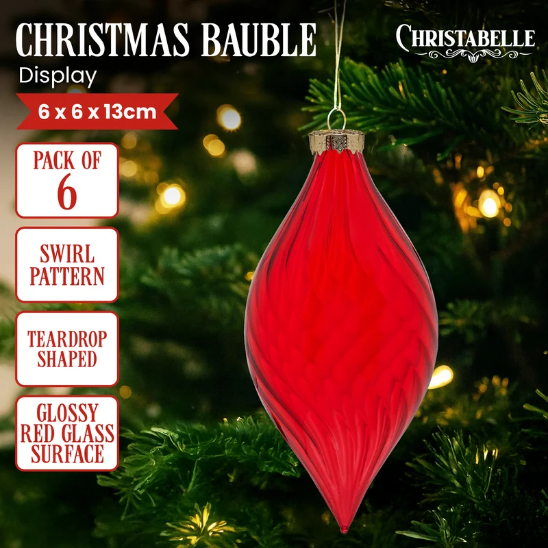 Christabelle Box of 6 Glossy Red Glass Teardrop Baubles with Swirl Pattern