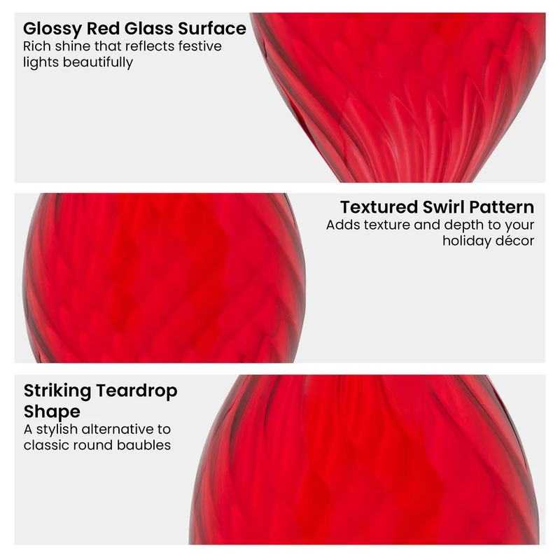 Christabelle Box of 6 Glossy Red Glass Teardrop Baubles with Swirl Pattern