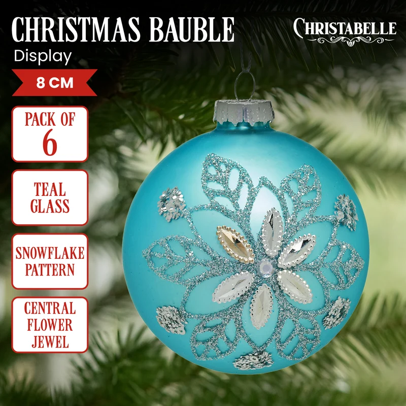 Christabelle Box of 6 Teal Glass Baubles with Snowflake Pattern & Central Jewel