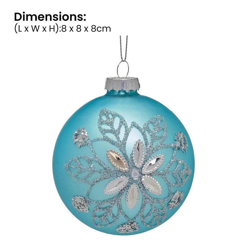 Christabelle Box of 6 Teal Glass Baubles with Snowflake Pattern & Central Jewel