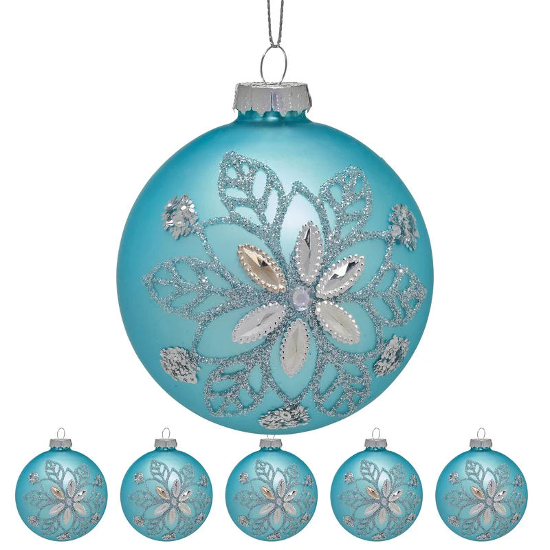 Christabelle Box of 6 Teal Glass Baubles with Snowflake Pattern & Central Jewel