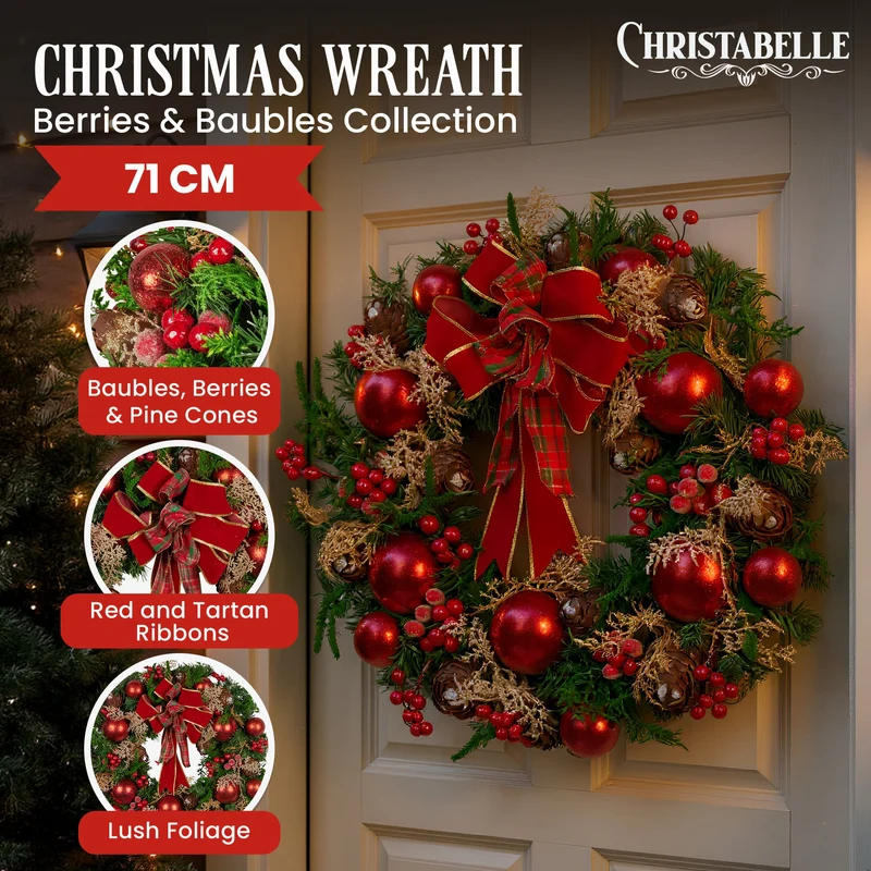Christabelle Stunning 71cm Christmas Wreath Lush Red Baubles Berries Pine Cones and Bow Front Door Decoration