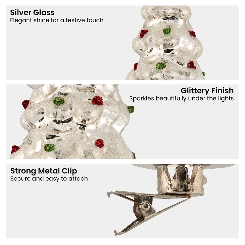 Christabelle Box of 6 Silver Glass Tree Ornaments with Glitter