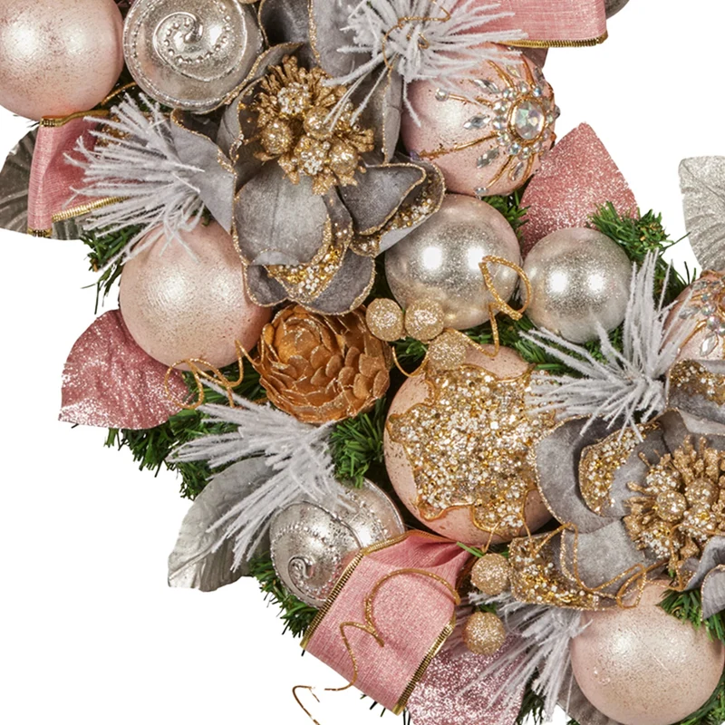 Christabelle 71cm Christmas Wreath Pink Front Door Decoration Jewelled Baubles Flowers Pine Cones Ribbons Ornaments