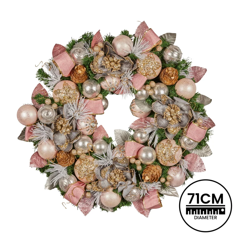 Christabelle 71cm Christmas Wreath Pink Front Door Decoration Jewelled Baubles Flowers Pine Cones Ribbons Ornaments