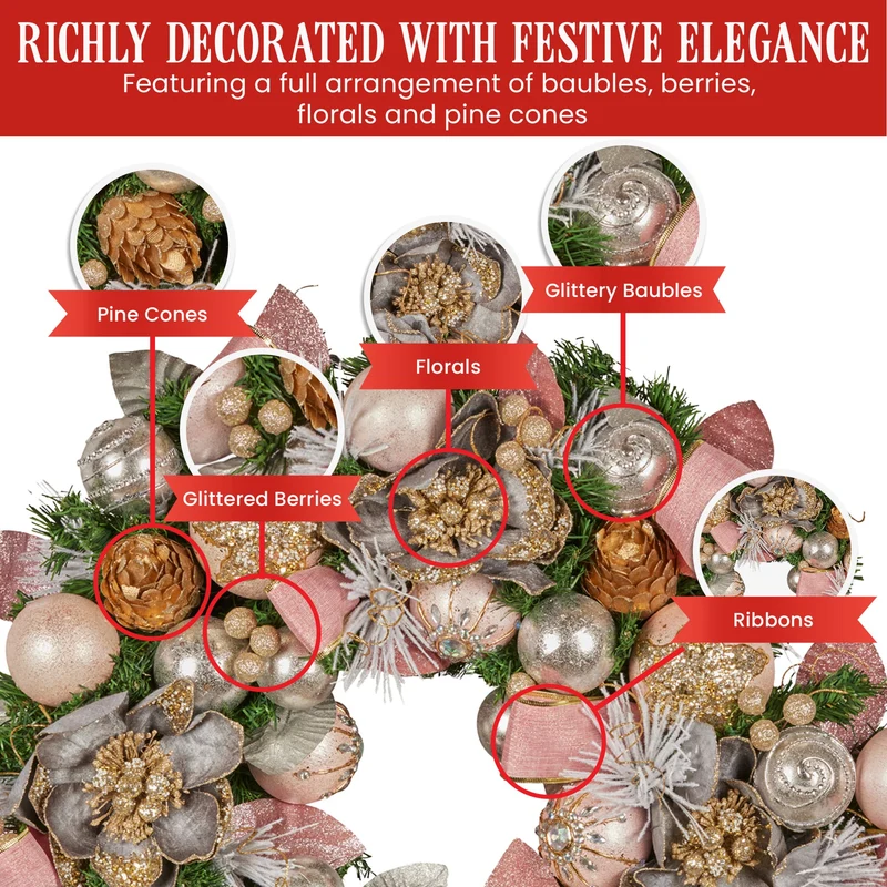 Christabelle 71cm Christmas Wreath Pink Front Door Decoration Jewelled Baubles Flowers Pine Cones Ribbons Ornaments