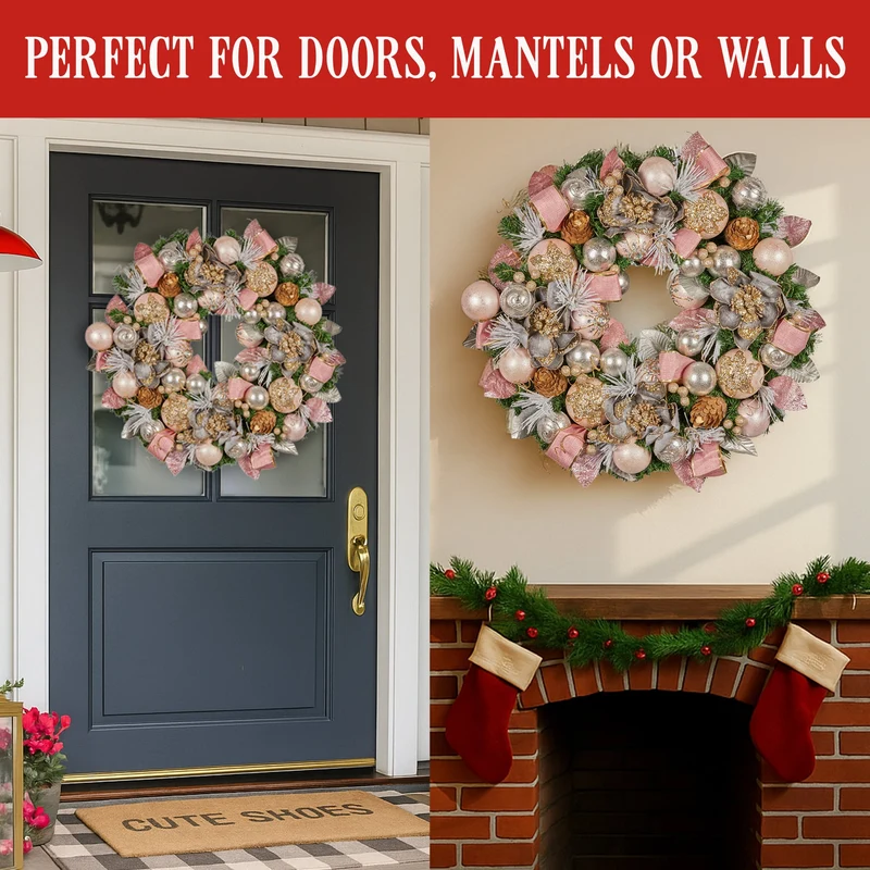 Christabelle 71cm Christmas Wreath Pink Front Door Decoration Jewelled Baubles Flowers Pine Cones Ribbons Ornaments