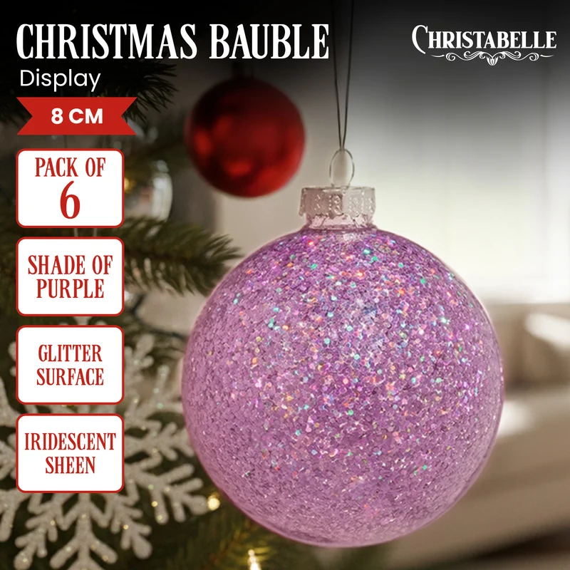 Christabelle Box of 6 Purple Glass Baubles with Glittered Surface