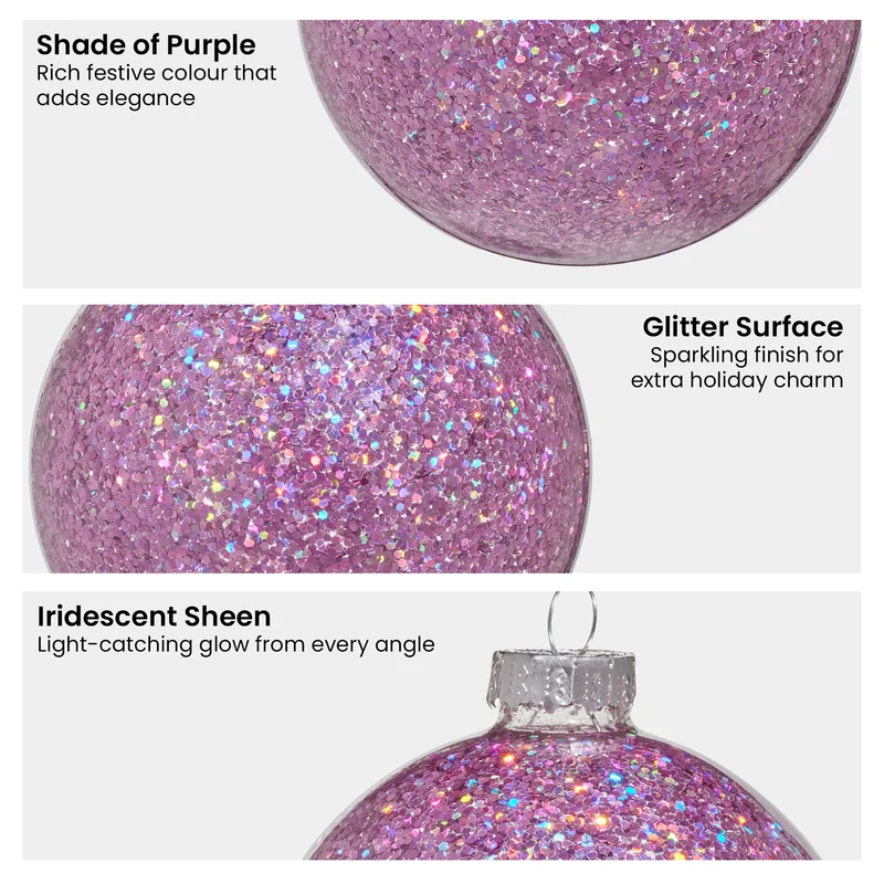 Christabelle Box of 6 Purple Glass Baubles with Glittered Surface