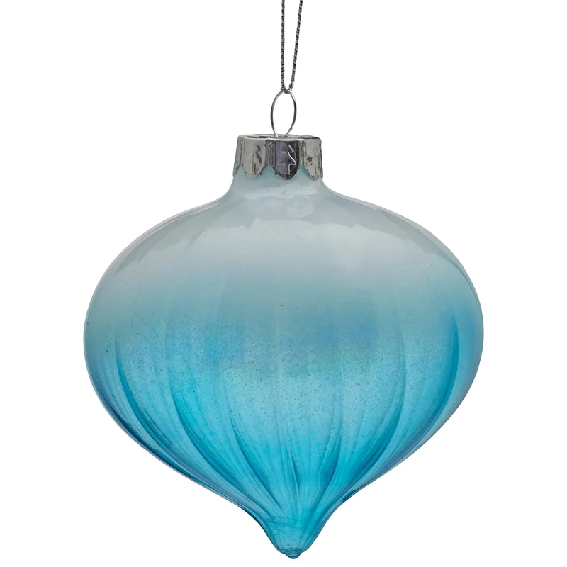 Christabelle Box of 6 Teal Ombre Glass Onion Baubles with Spiral Stripes