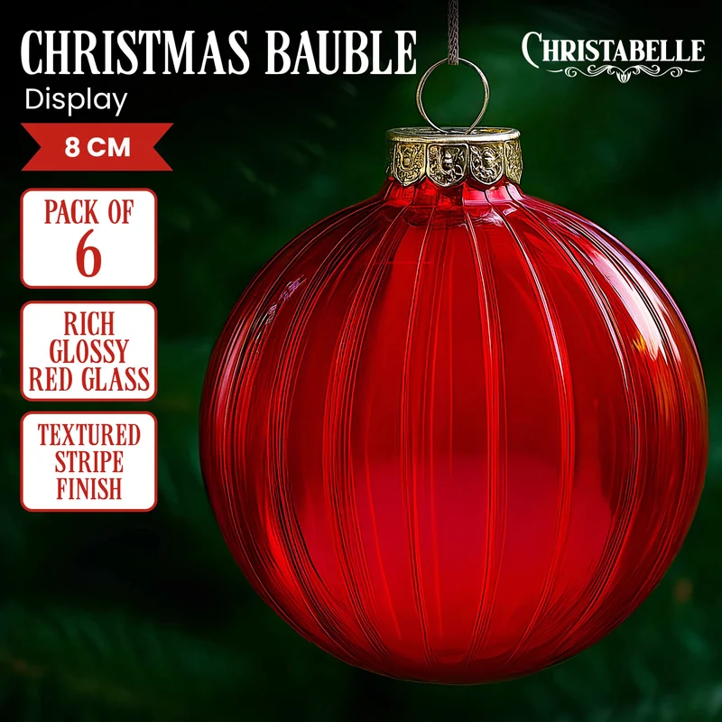 Christabelle 6Pcs Glossy Red Glass Baubles Textured Stripe Finish Balls Christmas Tree Decoration Ornament