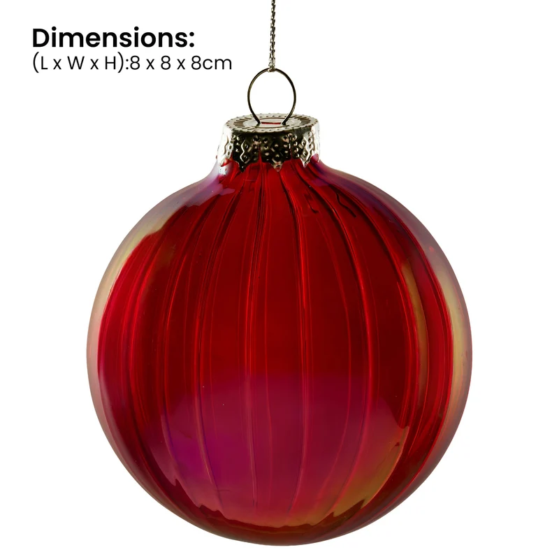 Christabelle 6Pcs Glossy Red Glass Baubles Textured Stripe Finish Balls Christmas Tree Decoration Ornament