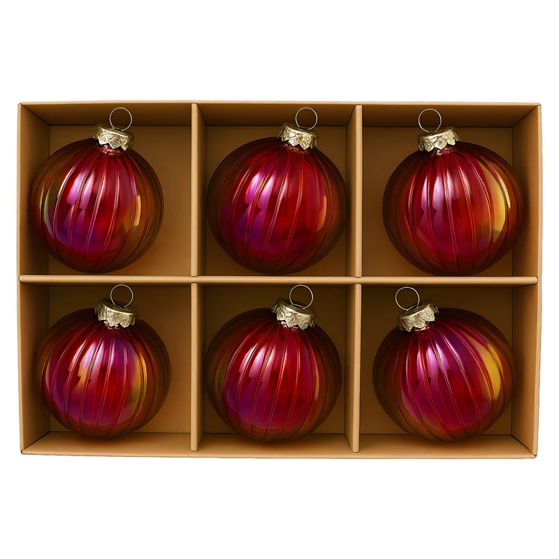 Christabelle 6Pcs Glossy Red Glass Baubles Textured Stripe Finish Balls Christmas Tree Decoration Ornament