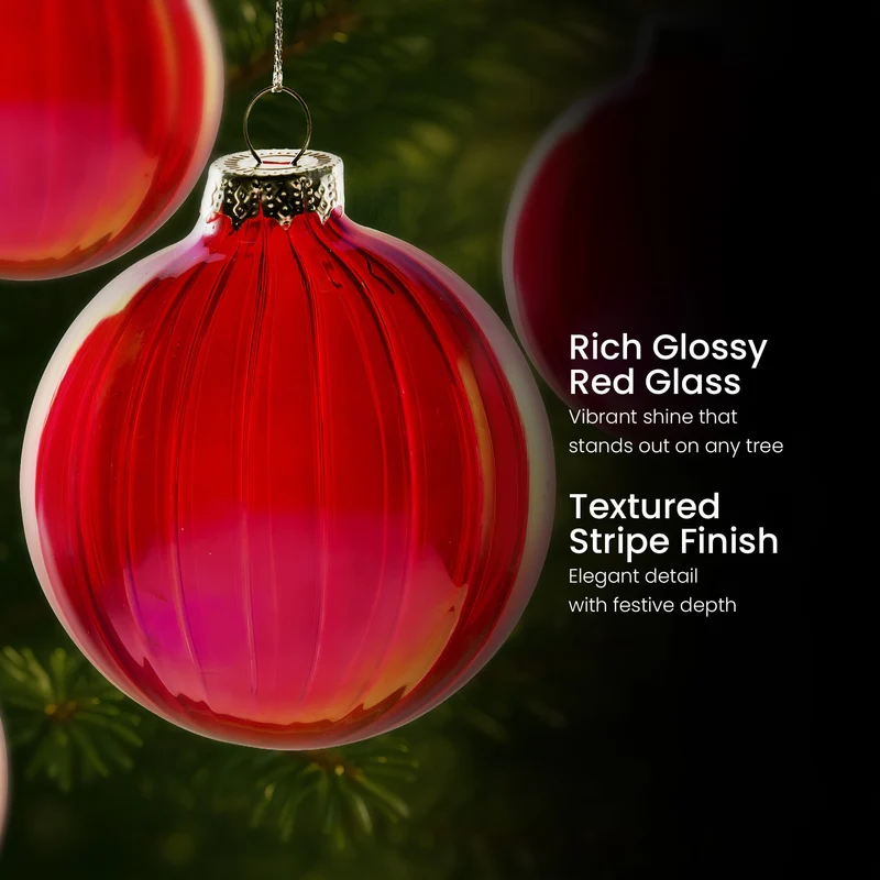 Christabelle 6Pcs Glossy Red Glass Baubles Textured Stripe Finish Balls Christmas Tree Decoration Ornament