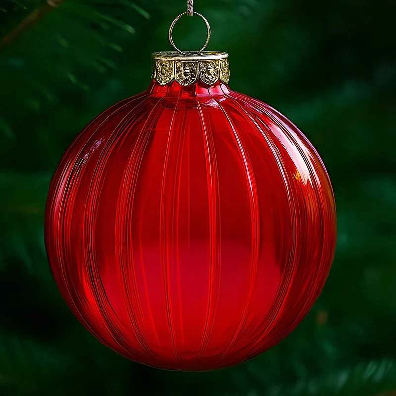 Christabelle 6Pcs Glossy Red Glass Baubles Textured Stripe Finish Balls Christmas Tree Decoration Ornament