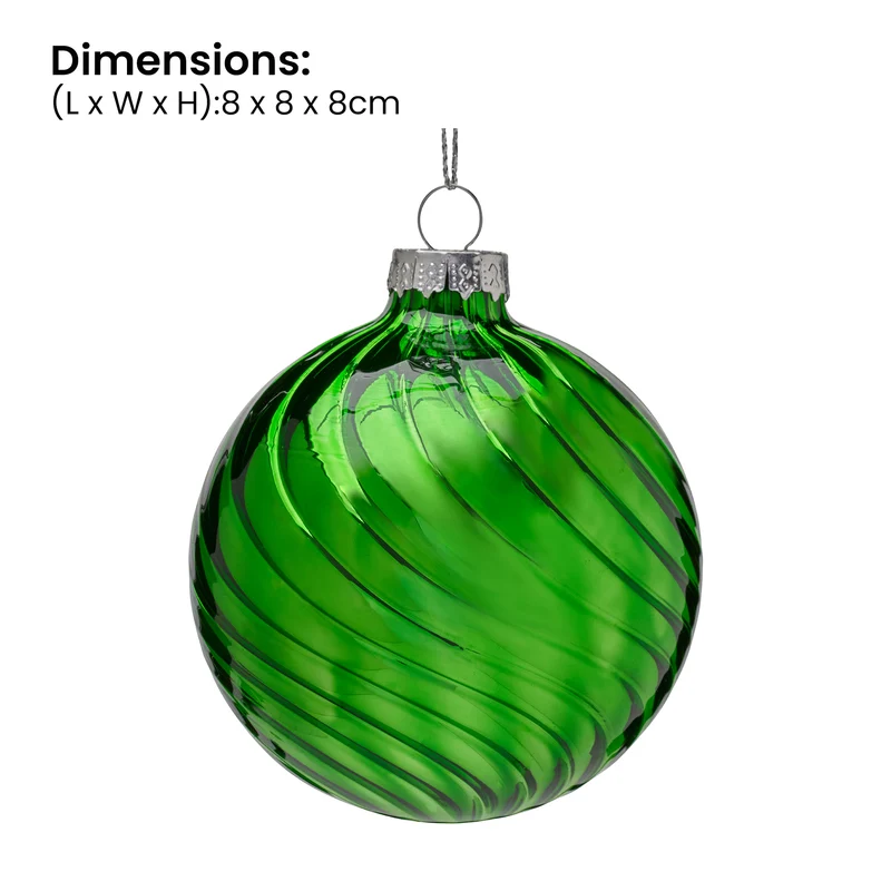 Christabelle Box of 6 Rich Green Glass Baubles with Stripe Wave Pattern