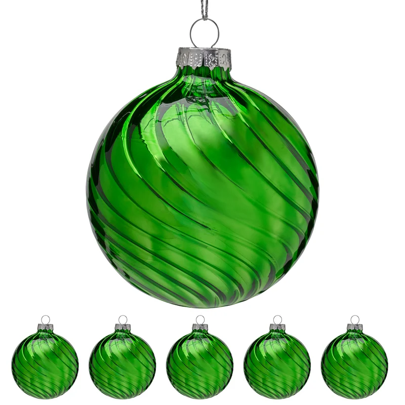 Christabelle Box of 6 Rich Green Glass Baubles with Stripe Wave Pattern
