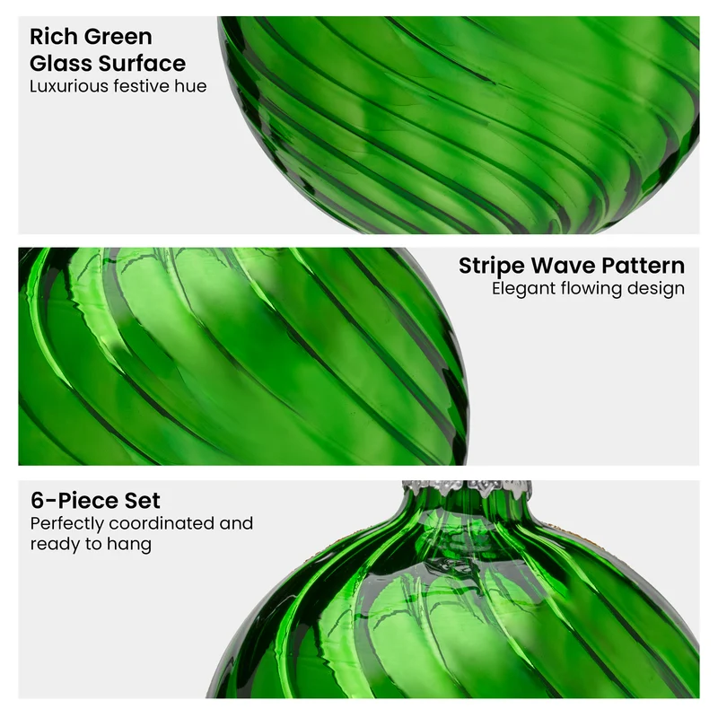 Christabelle Box of 6 Rich Green Glass Baubles with Stripe Wave Pattern