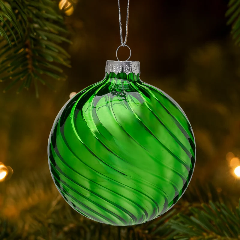 Christabelle Box of 6 Rich Green Glass Baubles with Stripe Wave Pattern