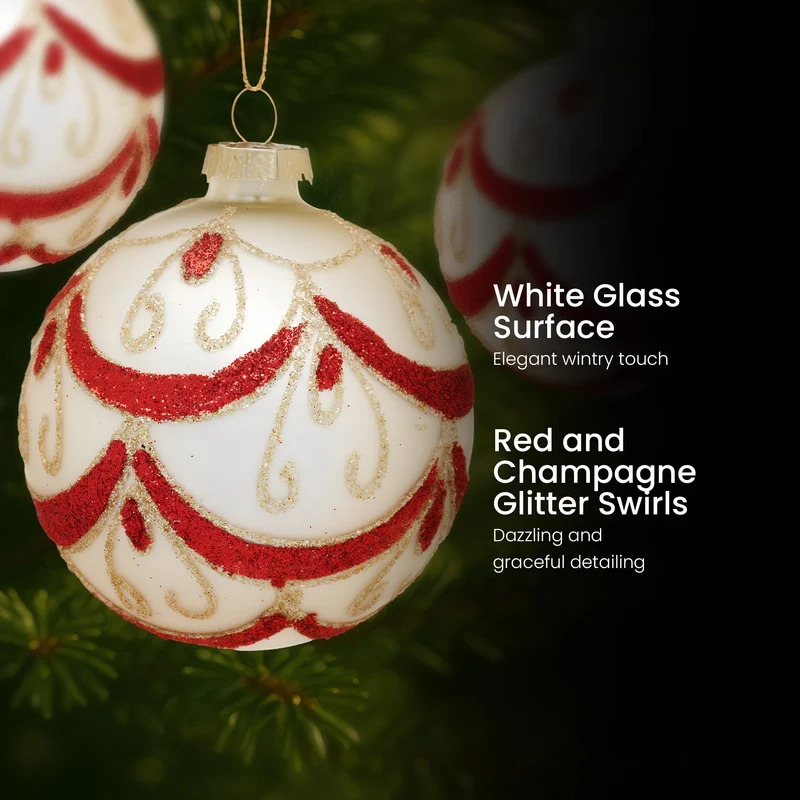Christabelle 6 White Christmas Glass Baubles with Red and Champagne Glitter Swirls Balls Tree Decoration Ornament