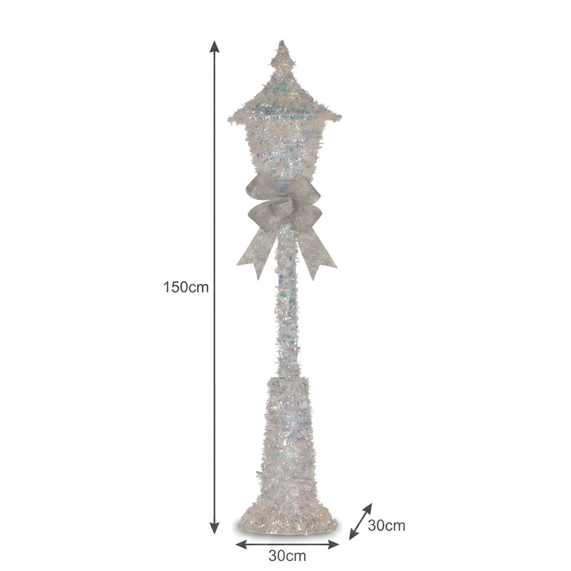 Christabelle 1.5m Lamp Post Christmas Light Up Display Silver Bows Warm White LED Outdoor Indoor Xmas Yard Lawn Statue