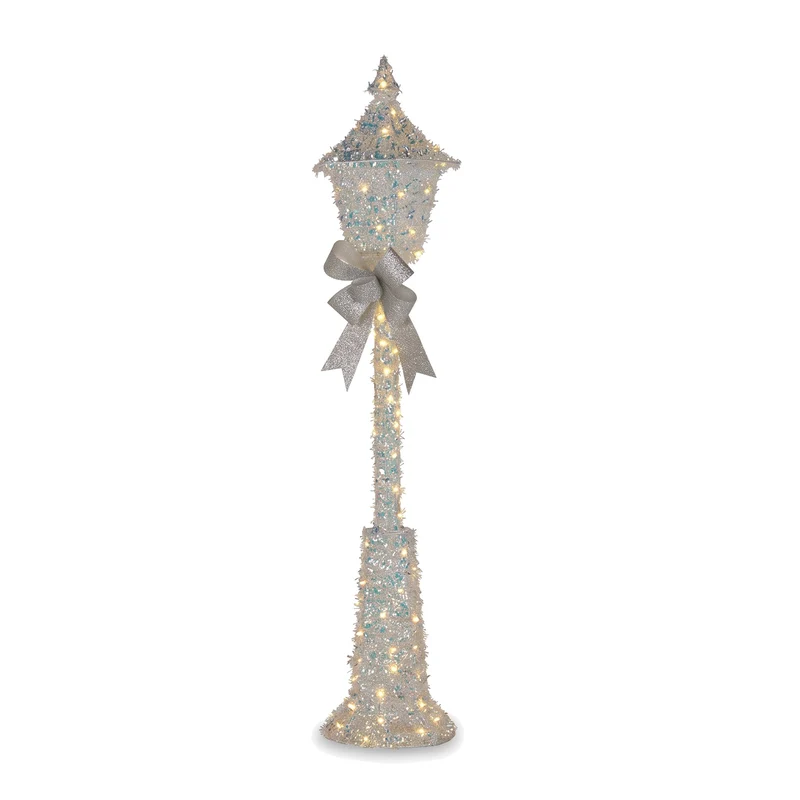 Christabelle 1.5m Lamp Post Christmas Light Up Display Silver Bows Warm White LED Outdoor Indoor Xmas Yard Lawn Statue