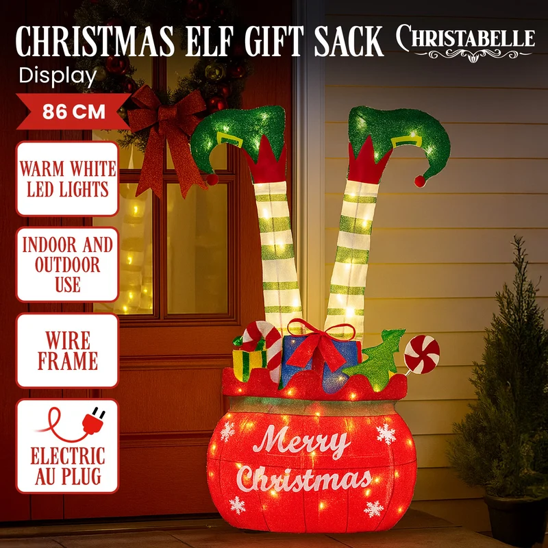 Christabelle Elf in Gift Sack Christmas Display Warm White LED Lights 86cm Decoration Yard Lawn Statue