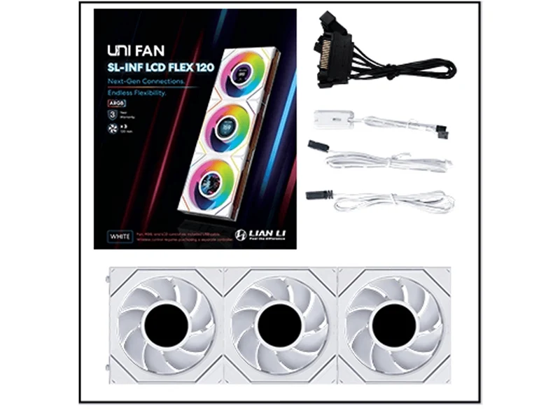 Lian Li Uni Fan SL Infinity 1.8in LCD Flex 2.4GHz Wireless 120mm Reverse Blade ARGB Fan 3 Pack - White (12RSLIND1F3W)