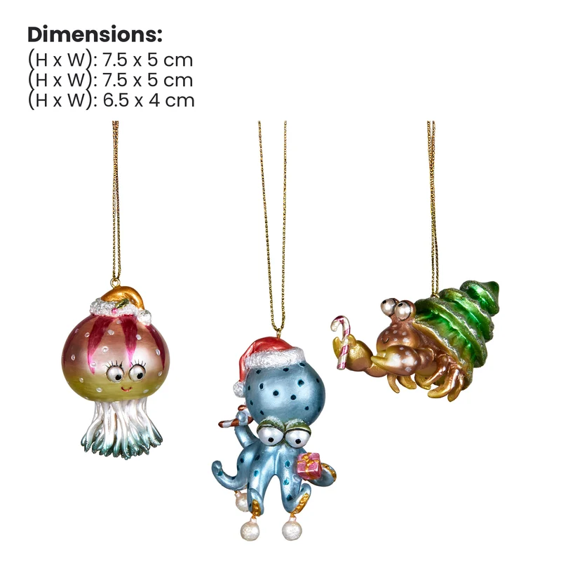 Christabelle 3 Sea Animal Christmas Ornaments Assorted Novelty Figures 7.5cm Xmas Tree Decorations Hanging Baubles