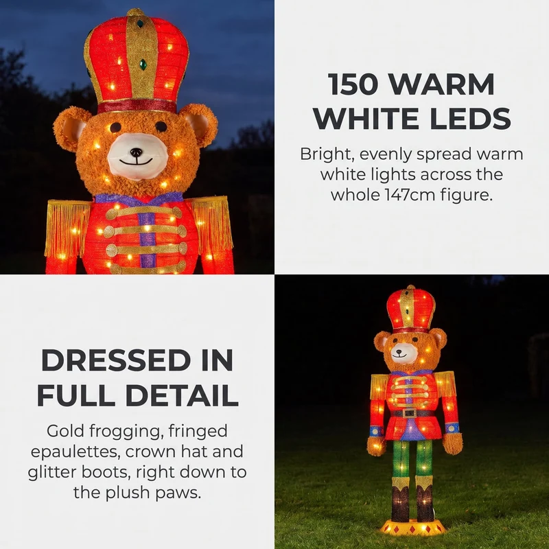 Christabelle 1.47m Teddy Bear Nutcracker Christmas Light Up Display LED Outdoor Indoor Xmas Yard Lawn Statue Home Decor