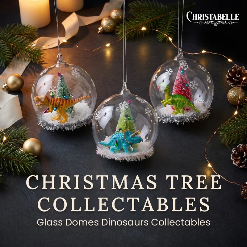 Christabelle 3 Glass Dome Christmas Ornaments Dinosaur Novelty Figures 11cm Xmas Tree Decorations Hanging Baubles