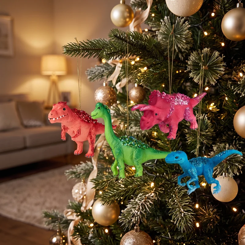Christabelle 4 Dinosaur Christmas Ornaments Assorted Novelty Figures 15cm Xmas Tree Decorations Hanging Baubles
