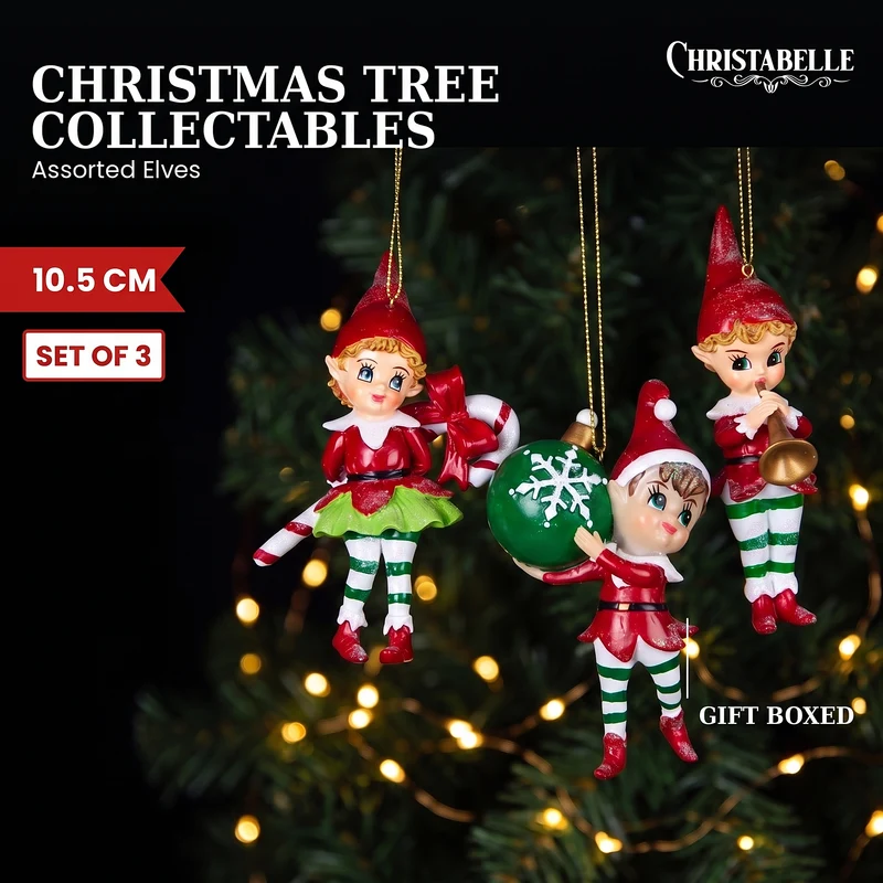 Christabelle 3 Elf Christmas Ornaments Assorted Novelty Figures 10.5cm Xmas Tree Decorations Hanging Baubles