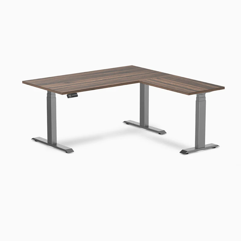 Desky Eco L-Shape Melamine Sit Stand Desk 150 x 155 cm Jarrah Legno Top and Space Grey Leg