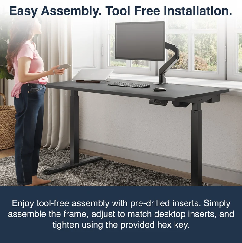 Desky Single Sit Stand Desk 150cm Black Desktop and White Frame