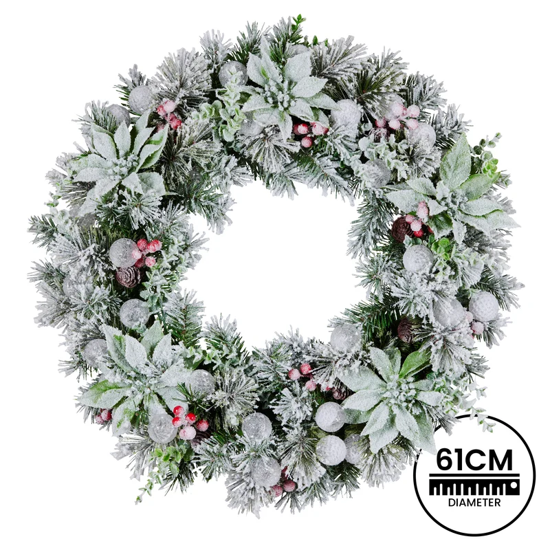 Christabelle Stunning 61cm Snowy Christmas Wreath with LED Lights Crown Pine Baubles Front Door Decoration Ornament