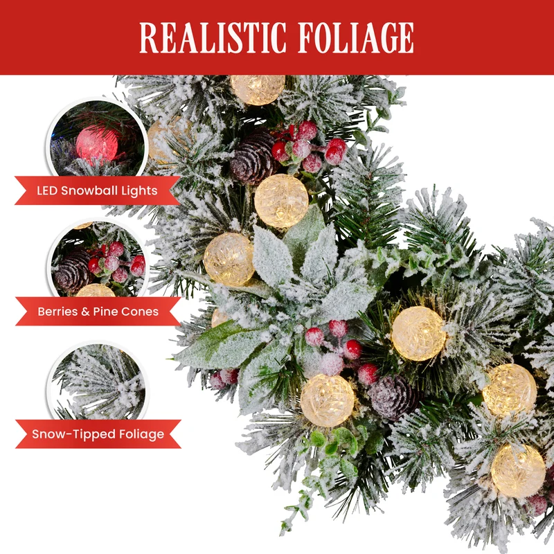 Christabelle Stunning 61cm Snowy Christmas Wreath with LED Lights Crown Pine Baubles Front Door Decoration Ornament