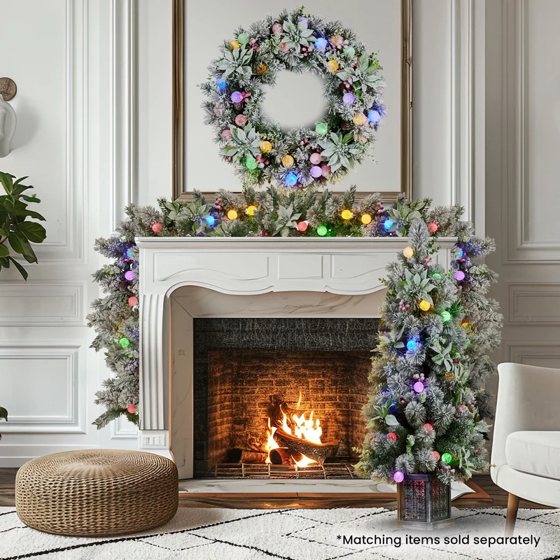 Christabelle Stunning 61cm Snowy Christmas Wreath with LED Lights Crown Pine Baubles Front Door Decoration Ornament