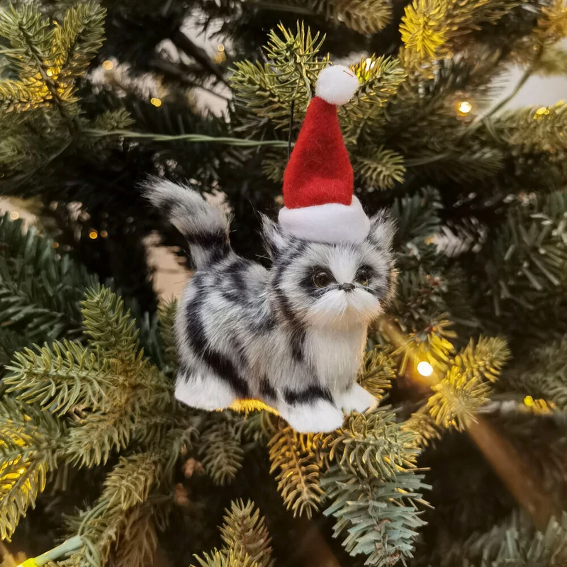 Urban Furry Cat Hanging Christmas Tree Decoration 7cm White/Grey